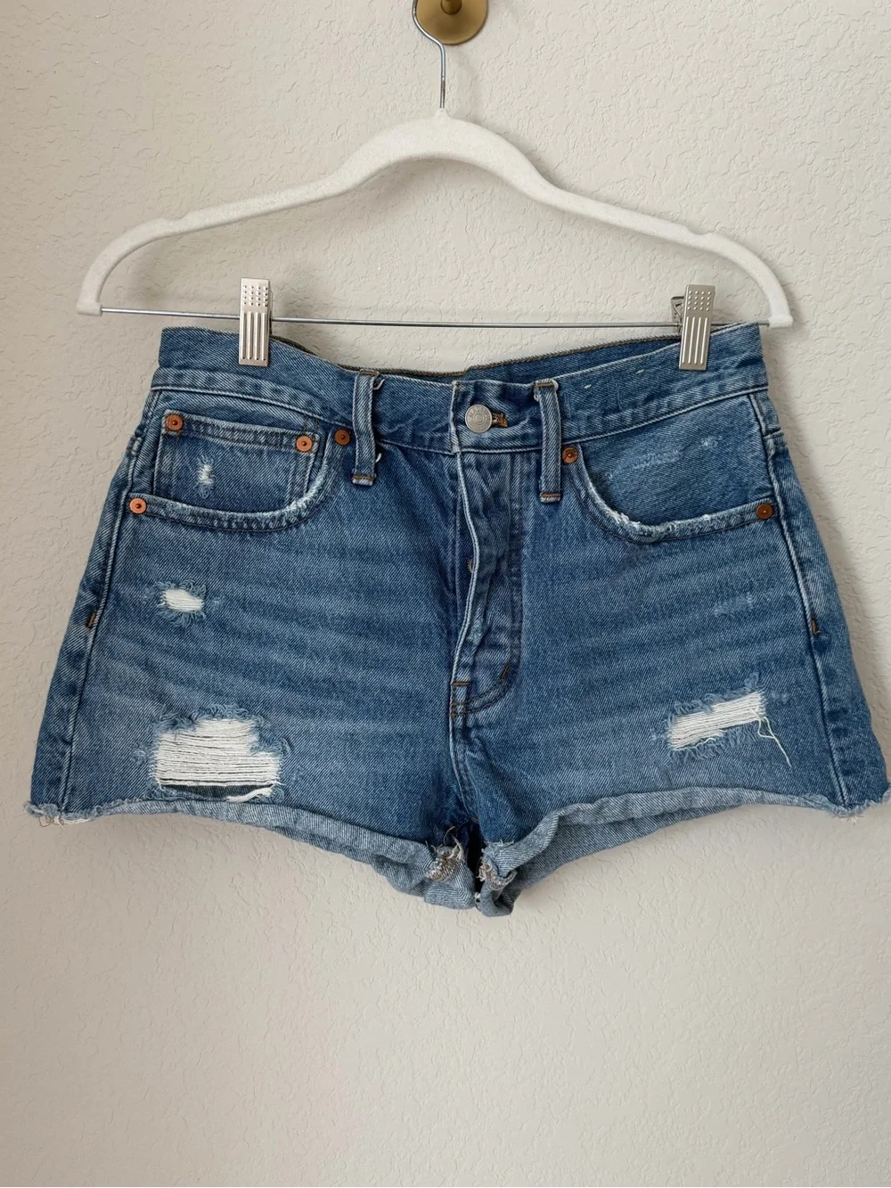 Madewell Blue Distressed High-Rise Denim Shorts raw hem - button fly